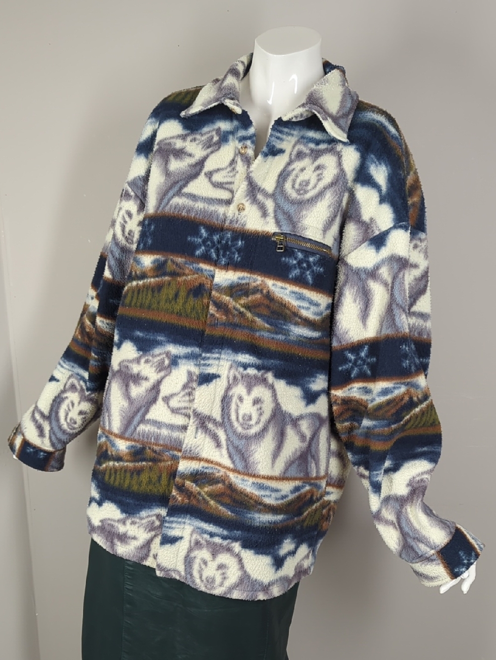 Polar Fleece wolf-Print Jacket - Navy, Cream & Brown Size Xl